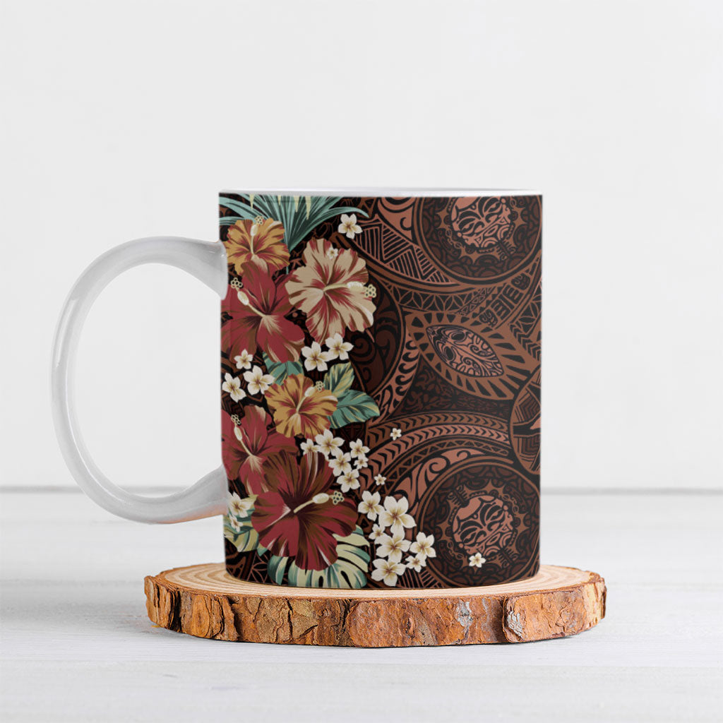 Kanoa Hawai'i Hibiscus Ceramic Mug Polynesian Tribal Tattoo Pattern Floral Elements LT9 Brown - Polynesian Pride