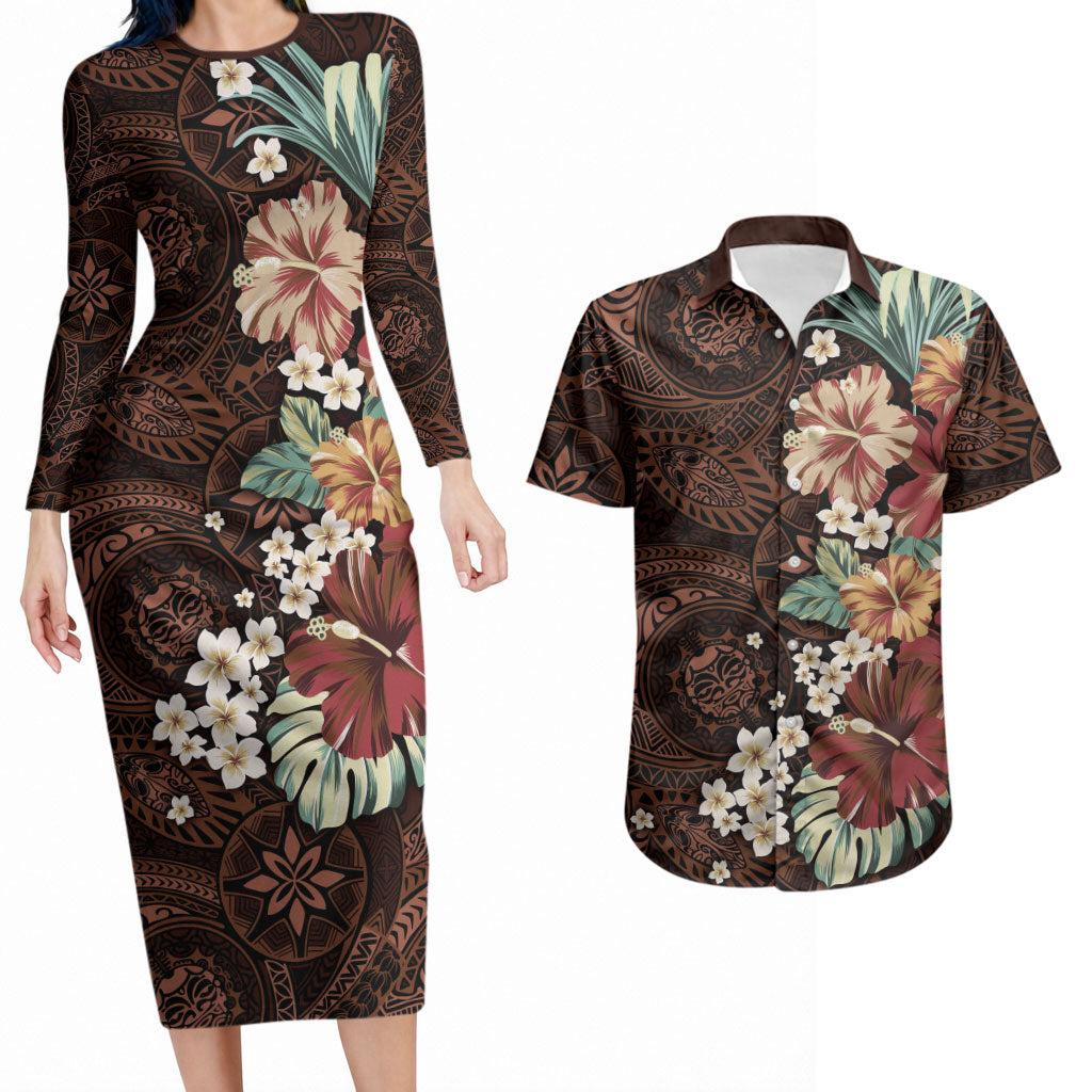 Kanoa Hawai'i Hibiscus Couples Matching Long Sleeve Bodycon Dress and Hawaiian Shirt Polynesian Tribal Tattoo Pattern Floral Elements
