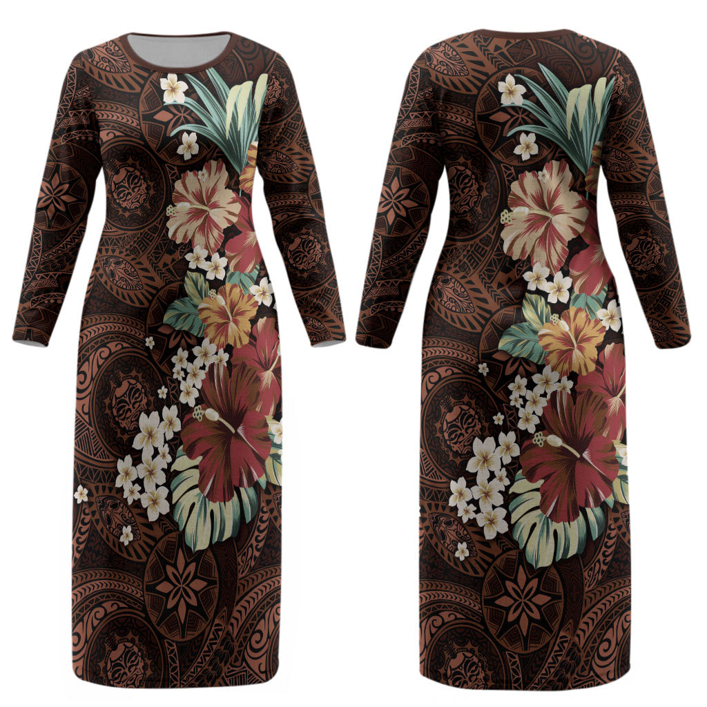 Kanoa Hawai'i Hibiscus Couples Matching Long Sleeve Bodycon Dress and Hawaiian Shirt Polynesian Tribal Tattoo Pattern Floral Elements