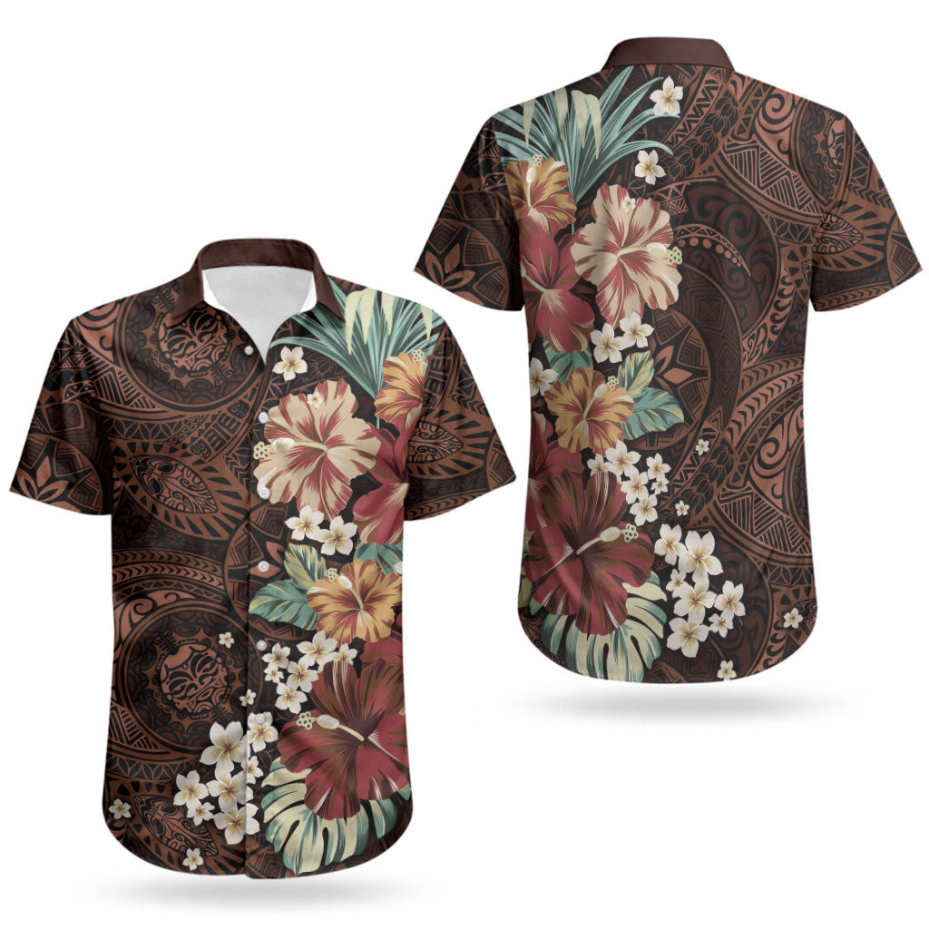 Kanoa Hawai'i Hibiscus Couples Matching Mermaid Dress and Hawaiian Shirt Polynesian Tribal Tattoo Pattern Floral Elements