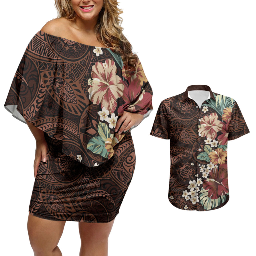 Kanoa Hawai'i Hibiscus Couples Matching Off Shoulder Short Dress and Hawaiian Shirt Polynesian Tribal Tattoo Pattern Floral Elements