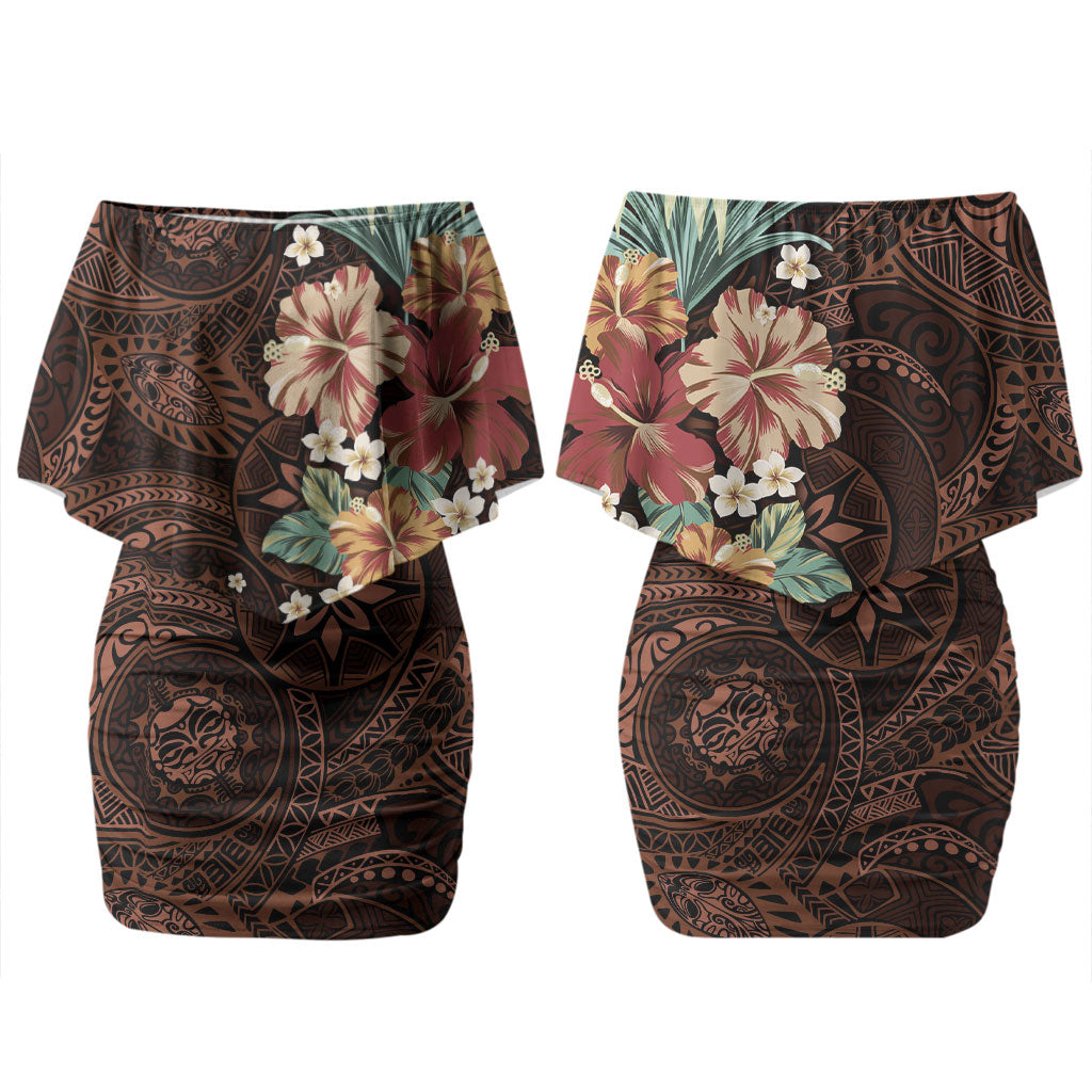 Kanoa Hawai'i Hibiscus Couples Matching Off Shoulder Short Dress and Hawaiian Shirt Polynesian Tribal Tattoo Pattern Floral Elements