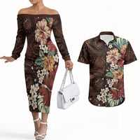 Kanoa Hawai'i Hibiscus Couples Matching Off The Shoulder Long Sleeve Dress and Hawaiian Shirt Polynesian Tribal Tattoo Pattern Floral Elements