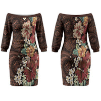 Kanoa Hawai'i Hibiscus Couples Matching Off The Shoulder Long Sleeve Dress and Hawaiian Shirt Polynesian Tribal Tattoo Pattern Floral Elements