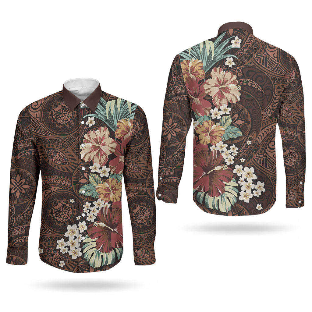 Kanoa Hawai'i Hibiscus Couples Matching Puletasi and Long Sleeve Button Shirt Polynesian Tribal Tattoo Pattern Floral Elements