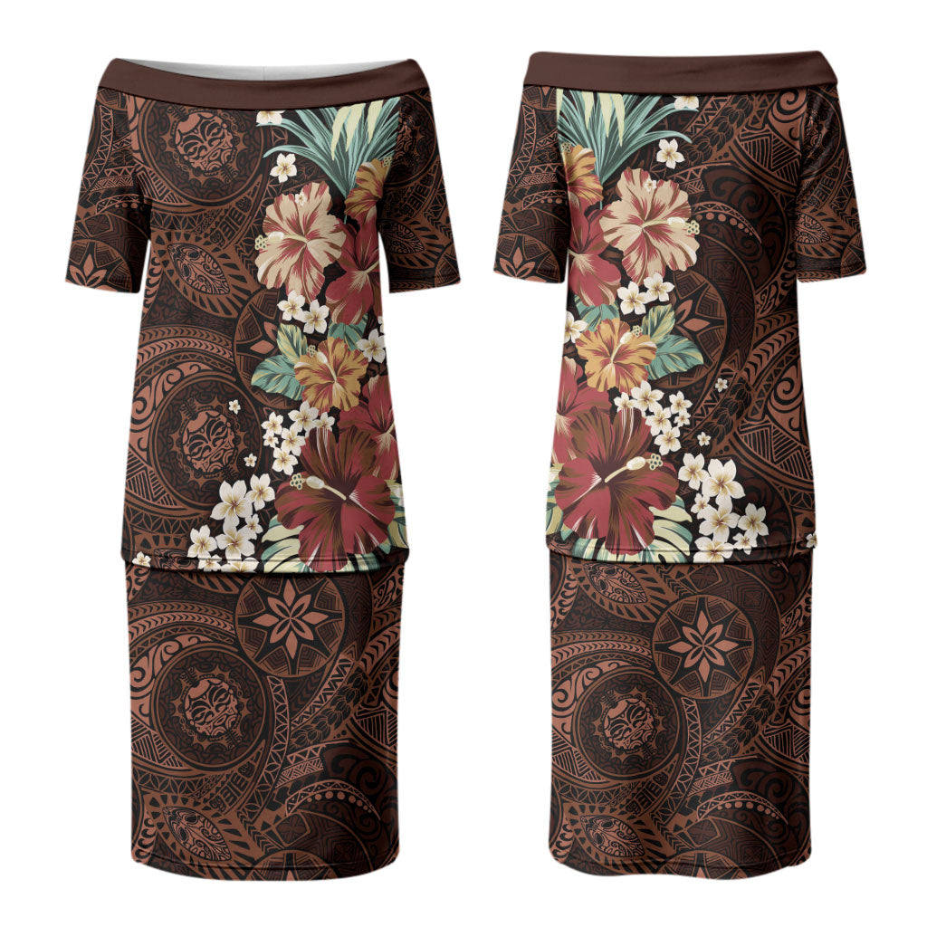Kanoa Hawai'i Hibiscus Couples Matching Puletasi and Long Sleeve Button Shirt Polynesian Tribal Tattoo Pattern Floral Elements