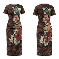 Kanoa Hawai'i Hibiscus Couples Matching Short Sleeve Bodycon Dress and Hawaiian Shirt Polynesian Tribal Tattoo Pattern Floral Elements