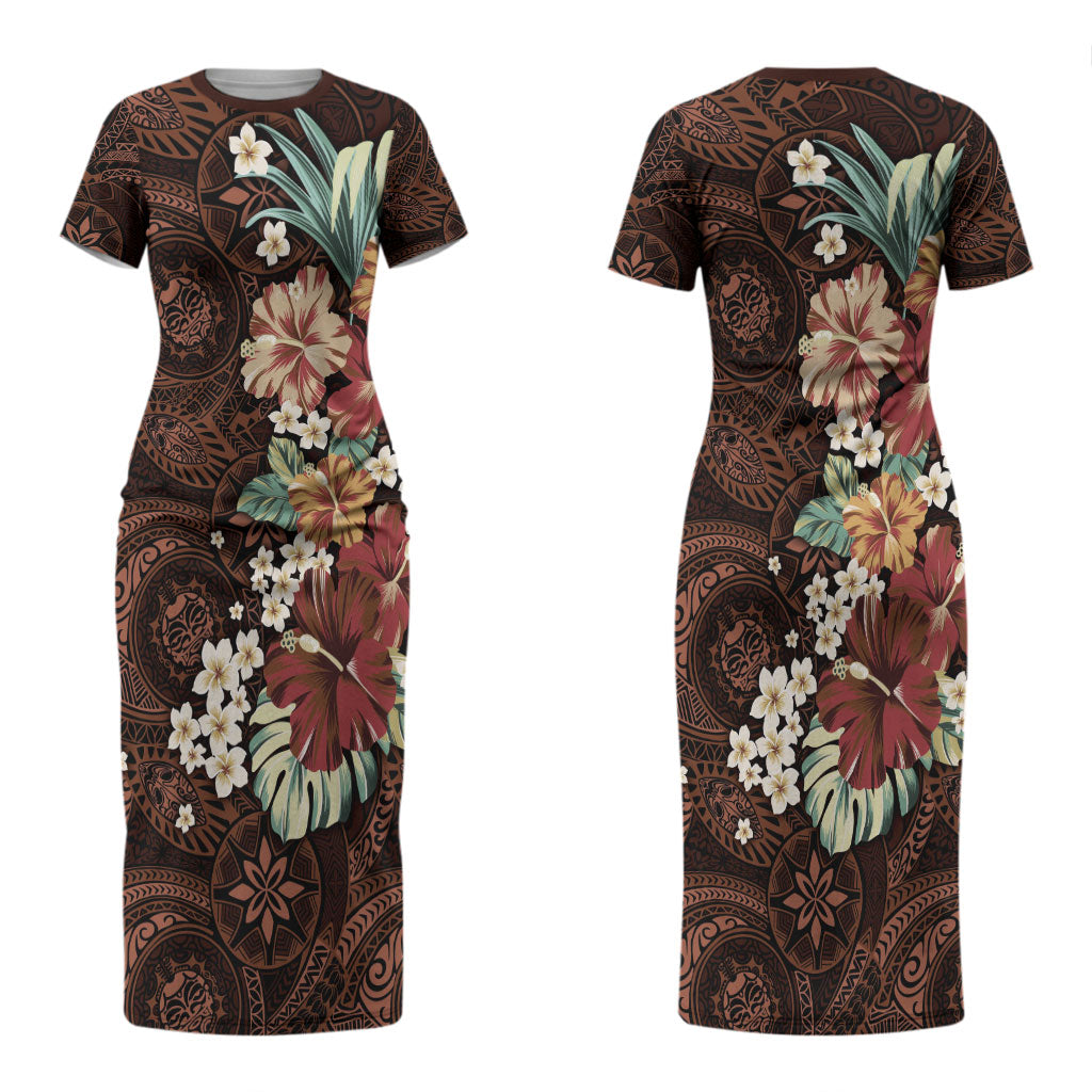 Kanoa Hawai'i Hibiscus Couples Matching Short Sleeve Bodycon Dress and Long Sleeve Button Shirt Polynesian Tribal Tattoo Pattern Floral Elements