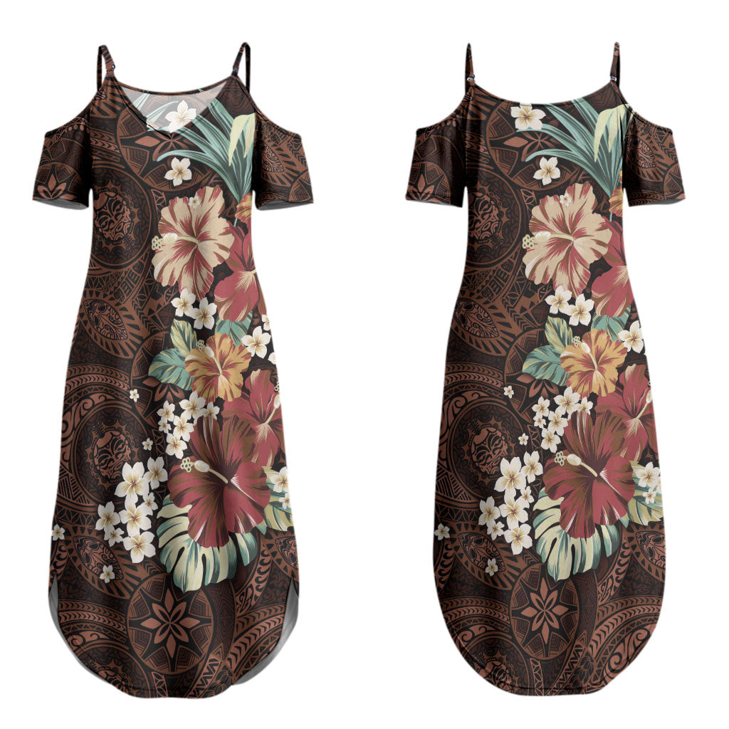 Kanoa Hawai'i Hibiscus Couples Matching Summer Maxi Dress and Hawaiian Shirt Polynesian Tribal Tattoo Pattern Floral Elements
