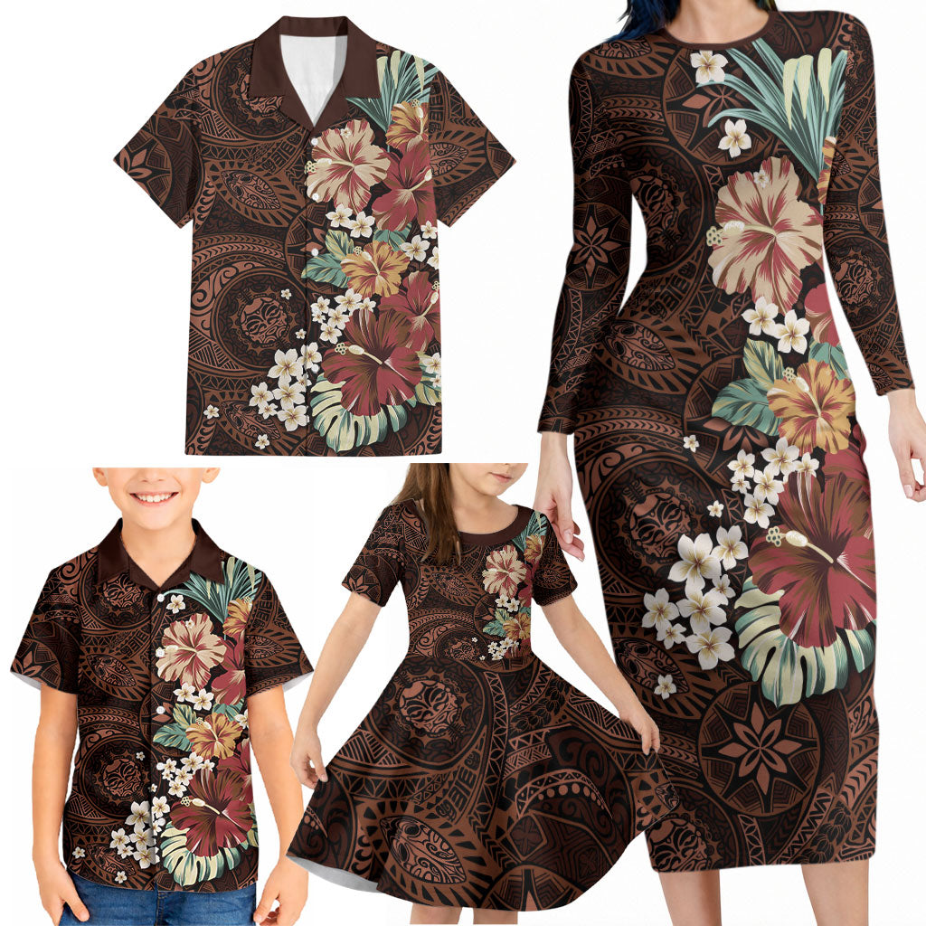 Kanoa Hawai'i Hibiscus Family Matching Long Sleeve Bodycon Dress and Hawaiian Shirt Polynesian Tribal Tattoo Pattern Floral Elements LT9 - Polynesian Pride
