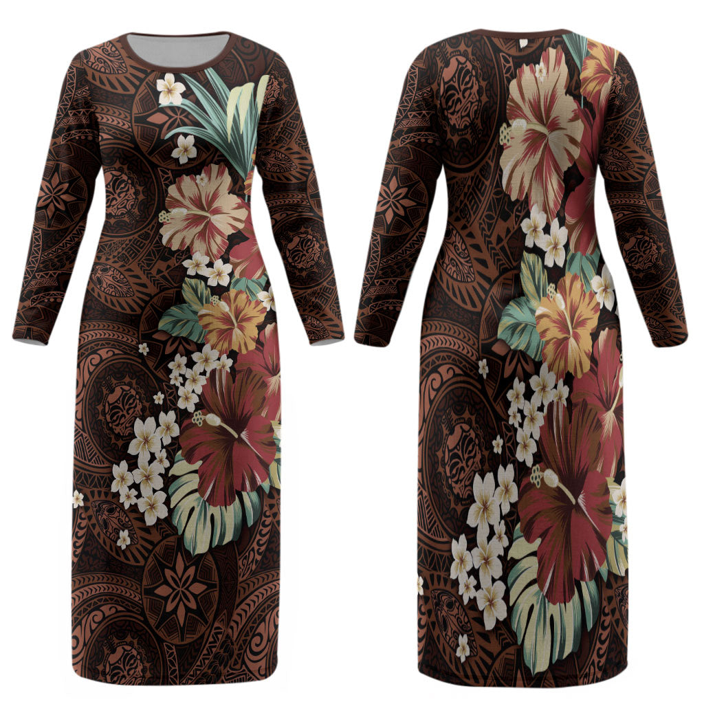 Kanoa Hawai'i Hibiscus Family Matching Long Sleeve Bodycon Dress and Hawaiian Shirt Polynesian Tribal Tattoo Pattern Floral Elements