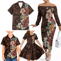 Kanoa Hawai'i Hibiscus Family Matching Off The Shoulder Long Sleeve Dress and Hawaiian Shirt Polynesian Tribal Tattoo Pattern Floral Elements