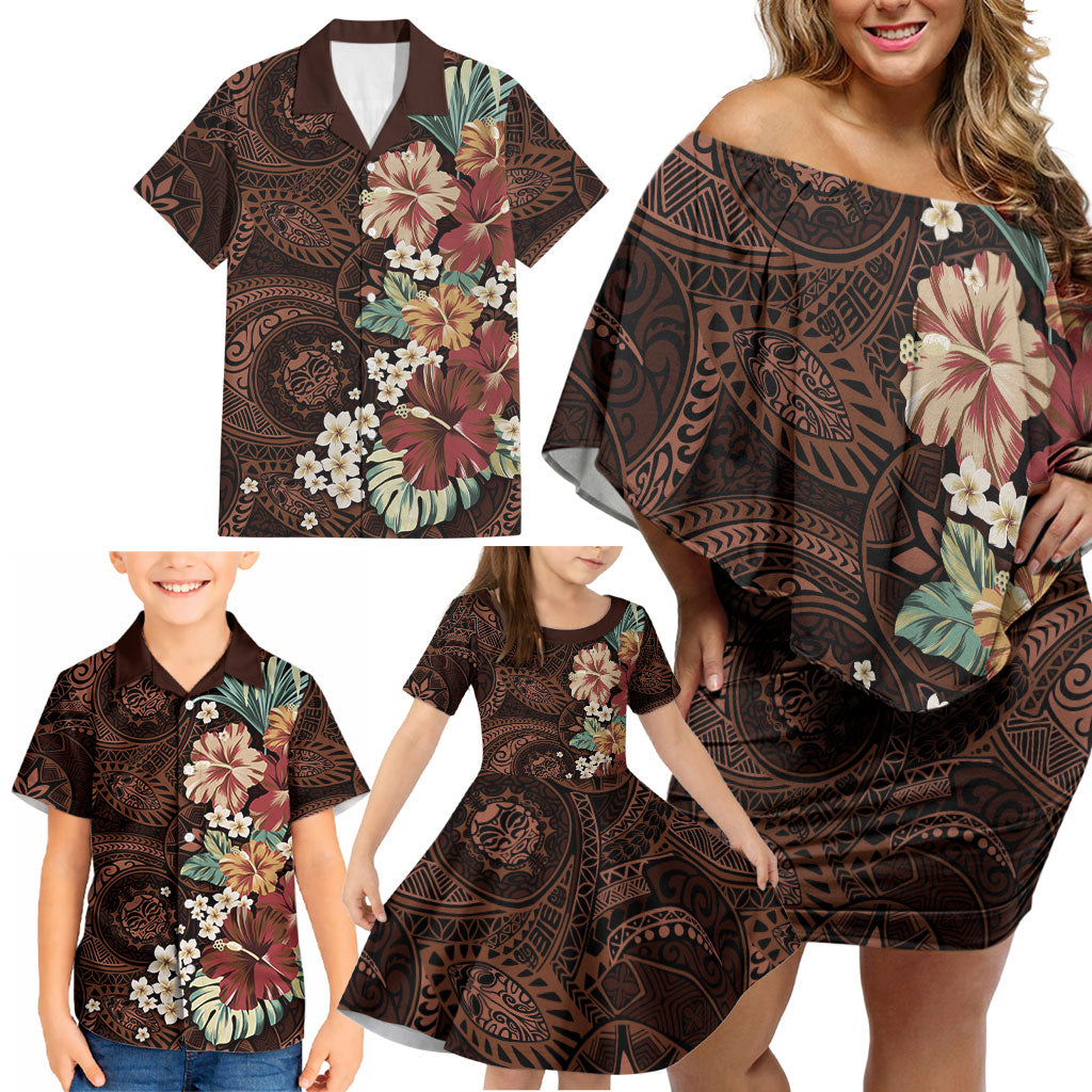 Kanoa Hawai'i Hibiscus Family Matching Off Shoulder Short Dress and Hawaiian Shirt Polynesian Tribal Tattoo Pattern Floral Elements