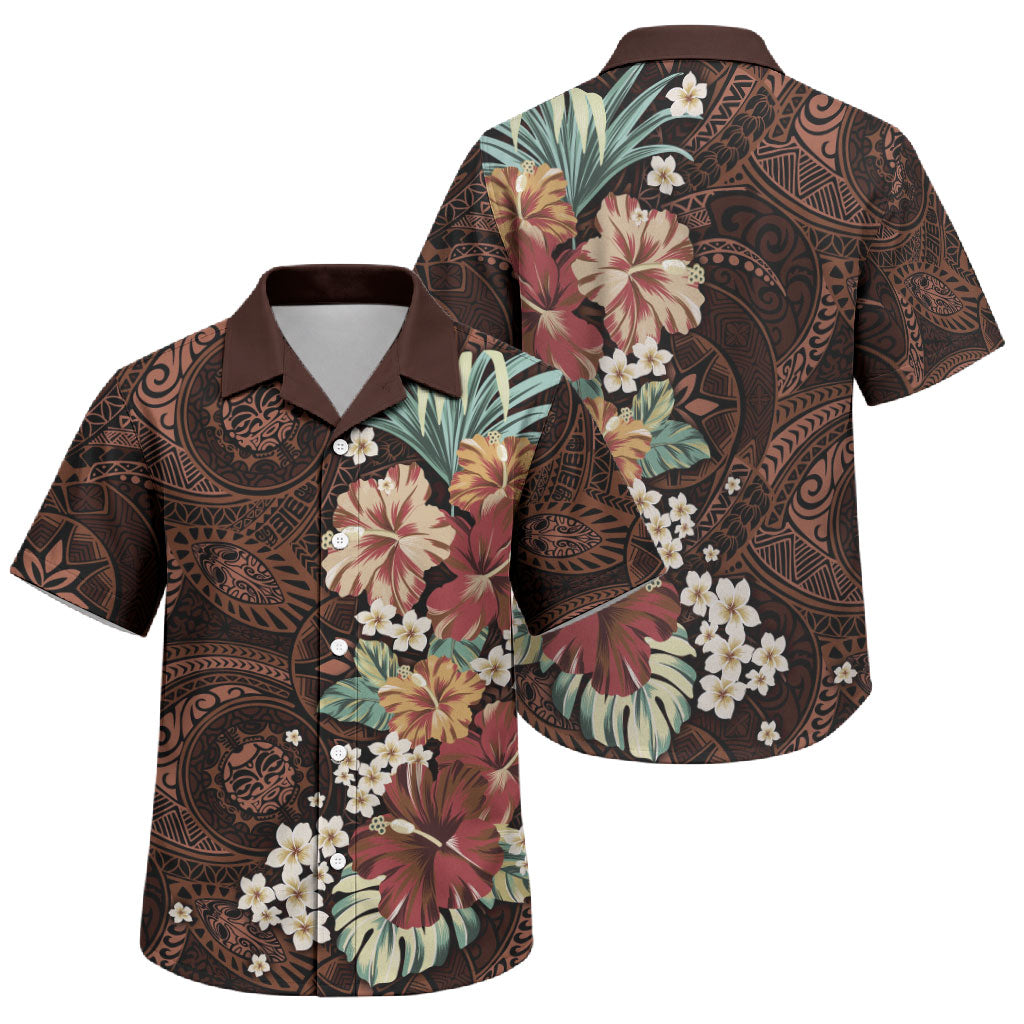 Kanoa Hawai'i Hibiscus Family Matching Summer Maxi Dress and Hawaiian Shirt Polynesian Tribal Tattoo Pattern Floral Elements