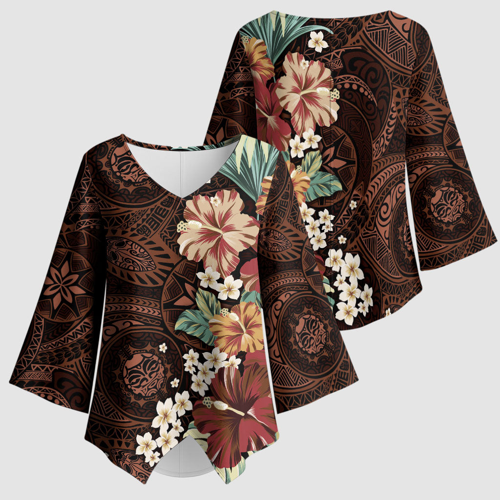 Kanoa Hawai'i Hibiscus Kimono Sleeve Blouse Polynesian Tribal Tattoo Pattern Floral Elements
