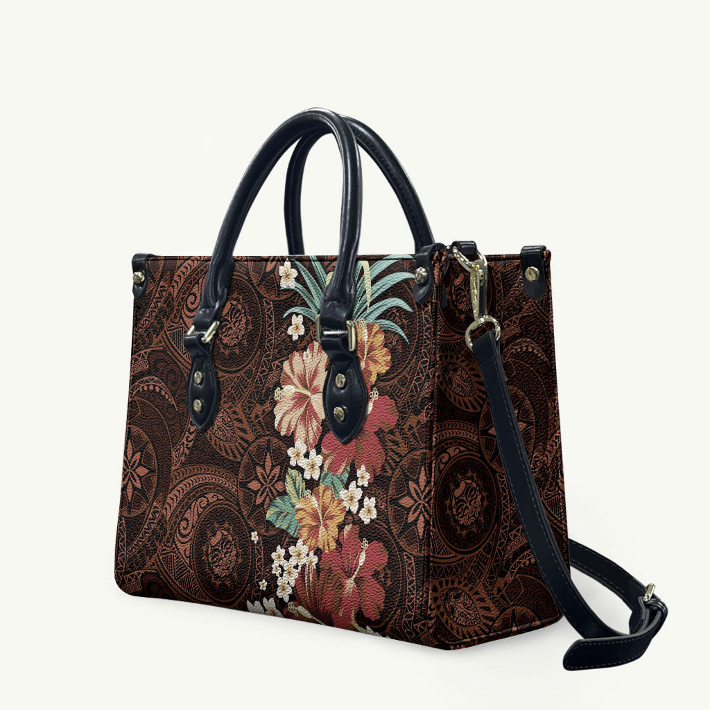 Kanoa Hawai'i Hibiscus Leather Bag Polynesian Tribal Tattoo Pattern Floral Elements LT9 Brown - Polynesian Pride