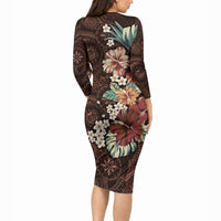 Kanoa Hawai'i Hibiscus Long Sleeve Bodycon Dress Polynesian Tribal Tattoo Pattern Floral Elements