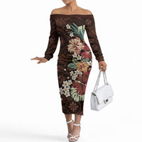 Kanoa Hawai'i Hibiscus Off The Shoulder Long Sleeve Dress Polynesian Tribal Tattoo Pattern Floral Elements