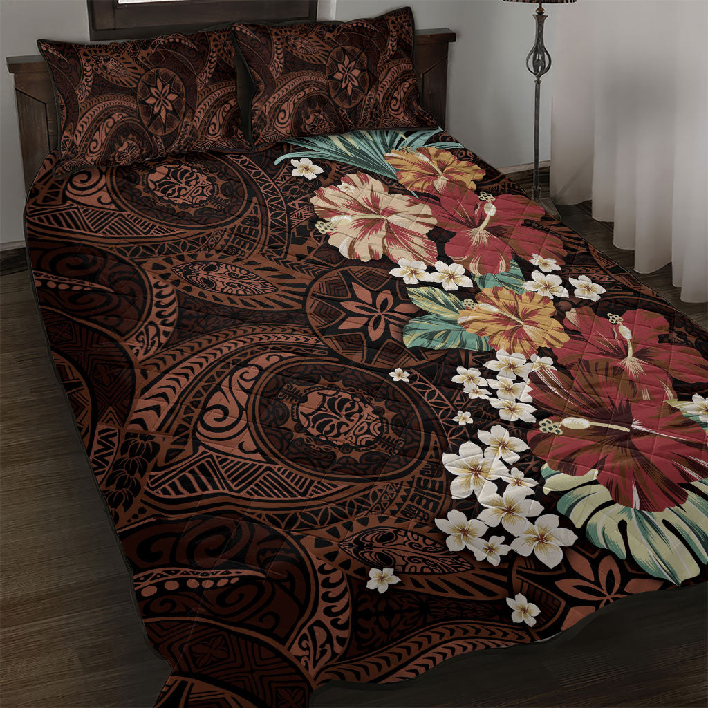 Kanoa Hawai'i Hibiscus Quilt Bed Set Polynesian Tribal Tattoo Pattern Floral Elements LT9 Brown - Polynesian Pride