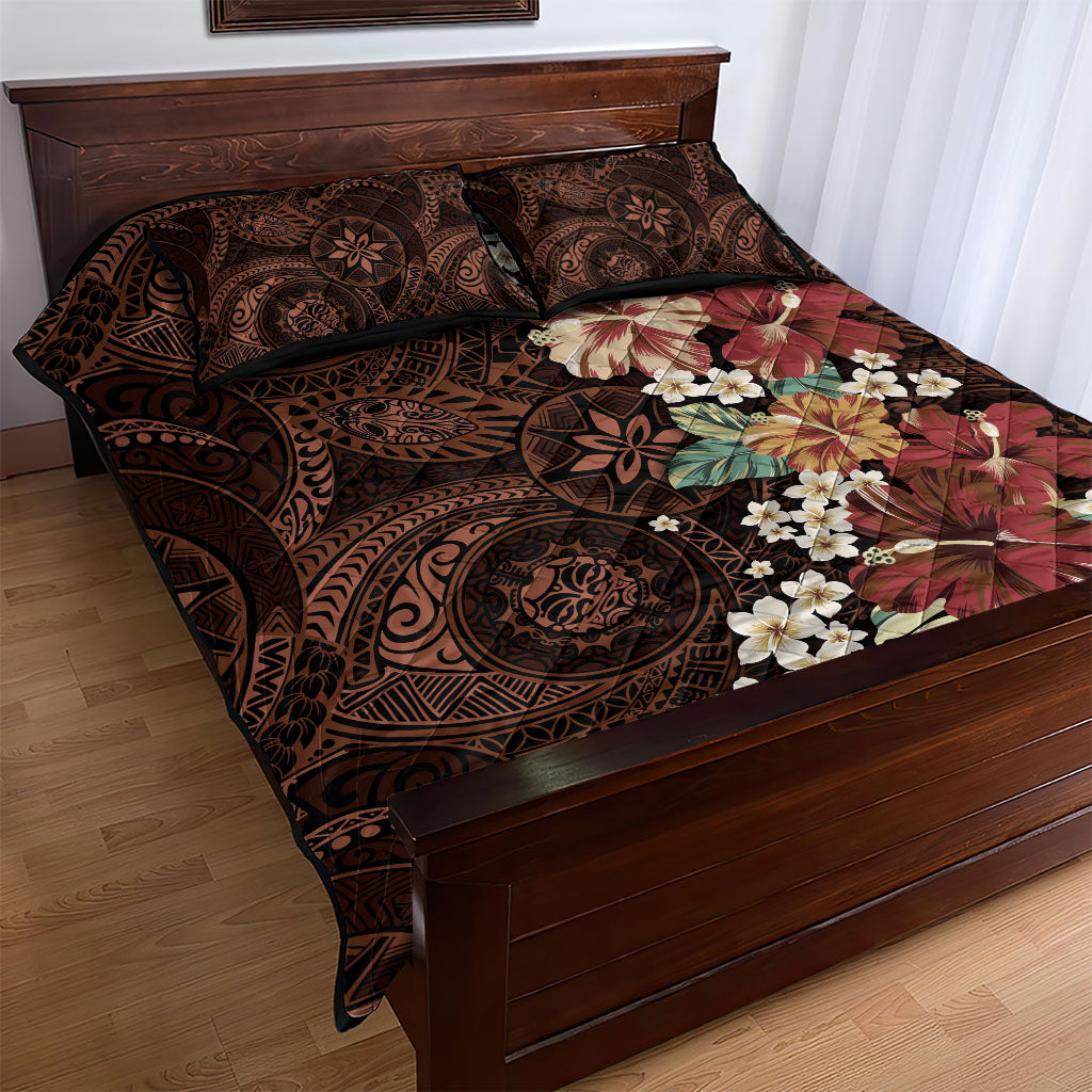 Kanoa Hawai'i Hibiscus Quilt Bed Set Polynesian Tribal Tattoo Pattern Floral Elements