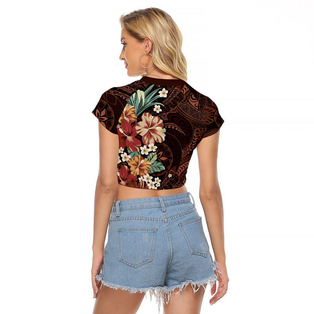 Kanoa Hawai'i Hibiscus Raglan Cropped T Shirt Polynesian Tribal Tattoo Pattern Floral Elements