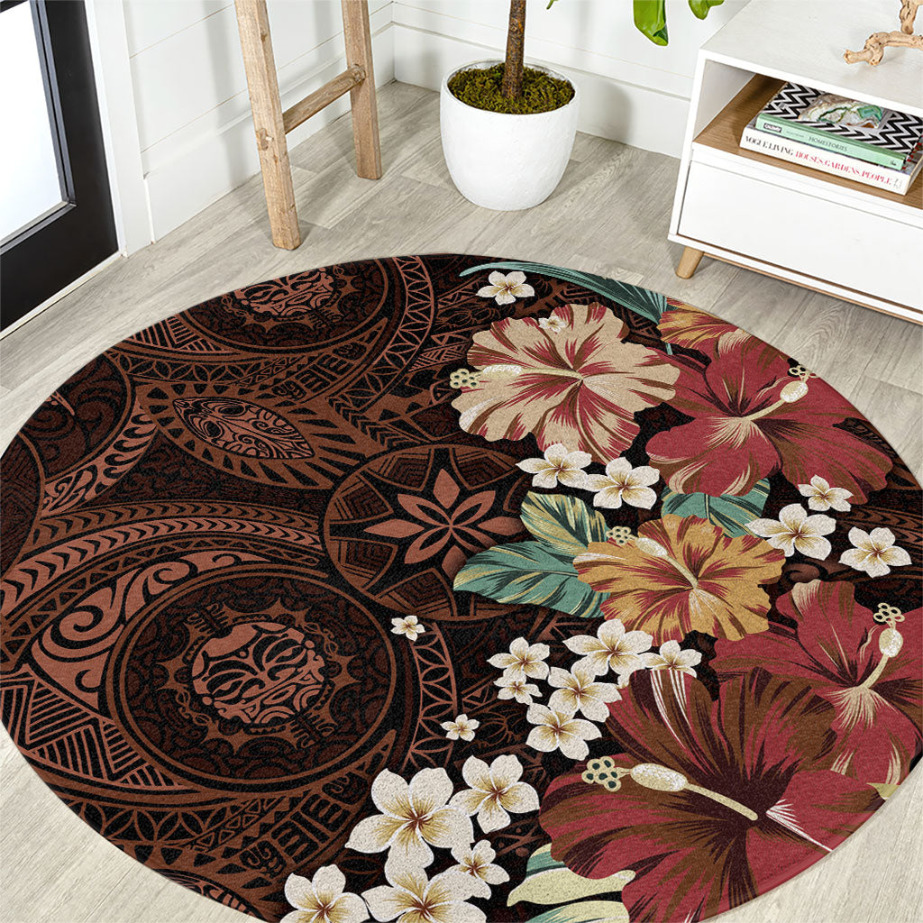 Kanoa Hawai'i Hibiscus Round Carpet Polynesian Tribal Tattoo Pattern Floral Elements