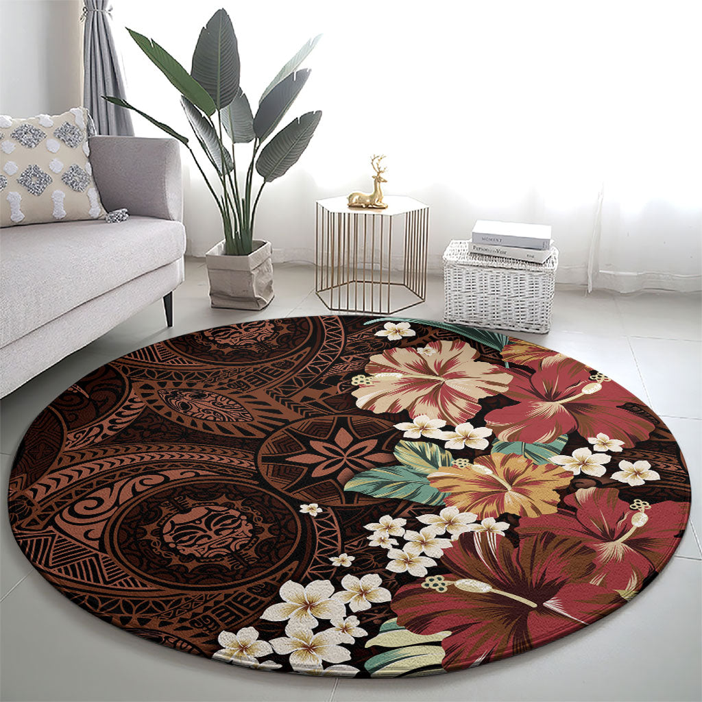 Kanoa Hawai'i Hibiscus Round Carpet Polynesian Tribal Tattoo Pattern Floral Elements