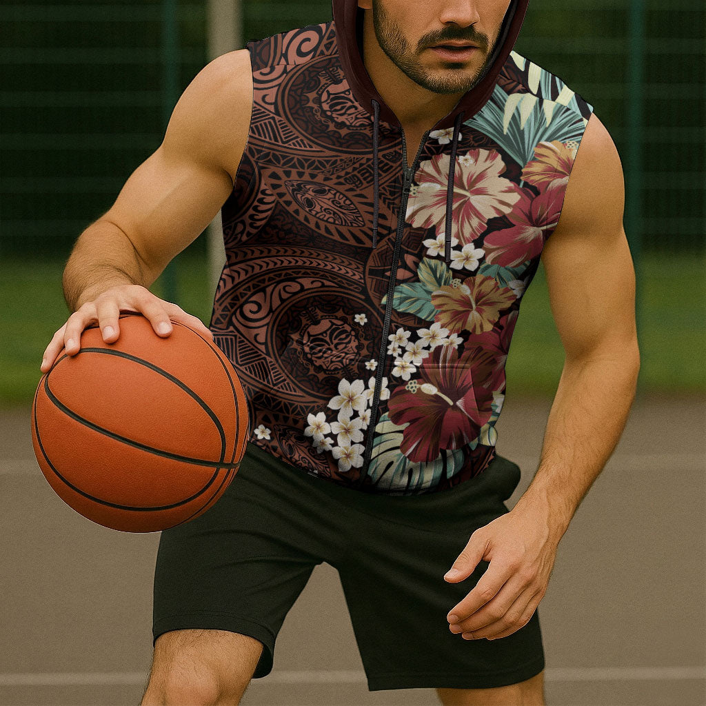 Kanoa Hawai'i Hibiscus Sleeveless Zip Hoodie Polynesian Tribal Tattoo Pattern Floral Elements