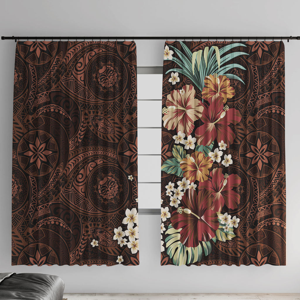 Kanoa Hawai'i Hibiscus Window Curtain Polynesian Tribal Tattoo Pattern Floral Elements LT9 With Hooks Brown - Polynesian Pride
