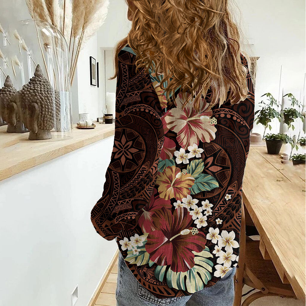 Kanoa Hawai'i Hibiscus Women Casual Shirt Polynesian Tribal Tattoo Pattern Floral Elements