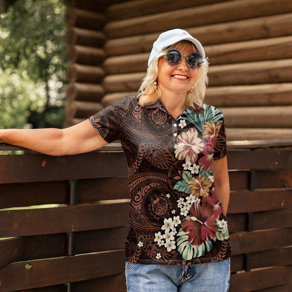 Kanoa Hawai'i Hibiscus Women Polo Shirt Polynesian Tribal Tattoo Pattern Floral Elements