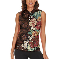 Kanoa Hawai'i Hibiscus Women Sleeveless Polo Shirt Polynesian Tribal Tattoo Pattern Floral Elements