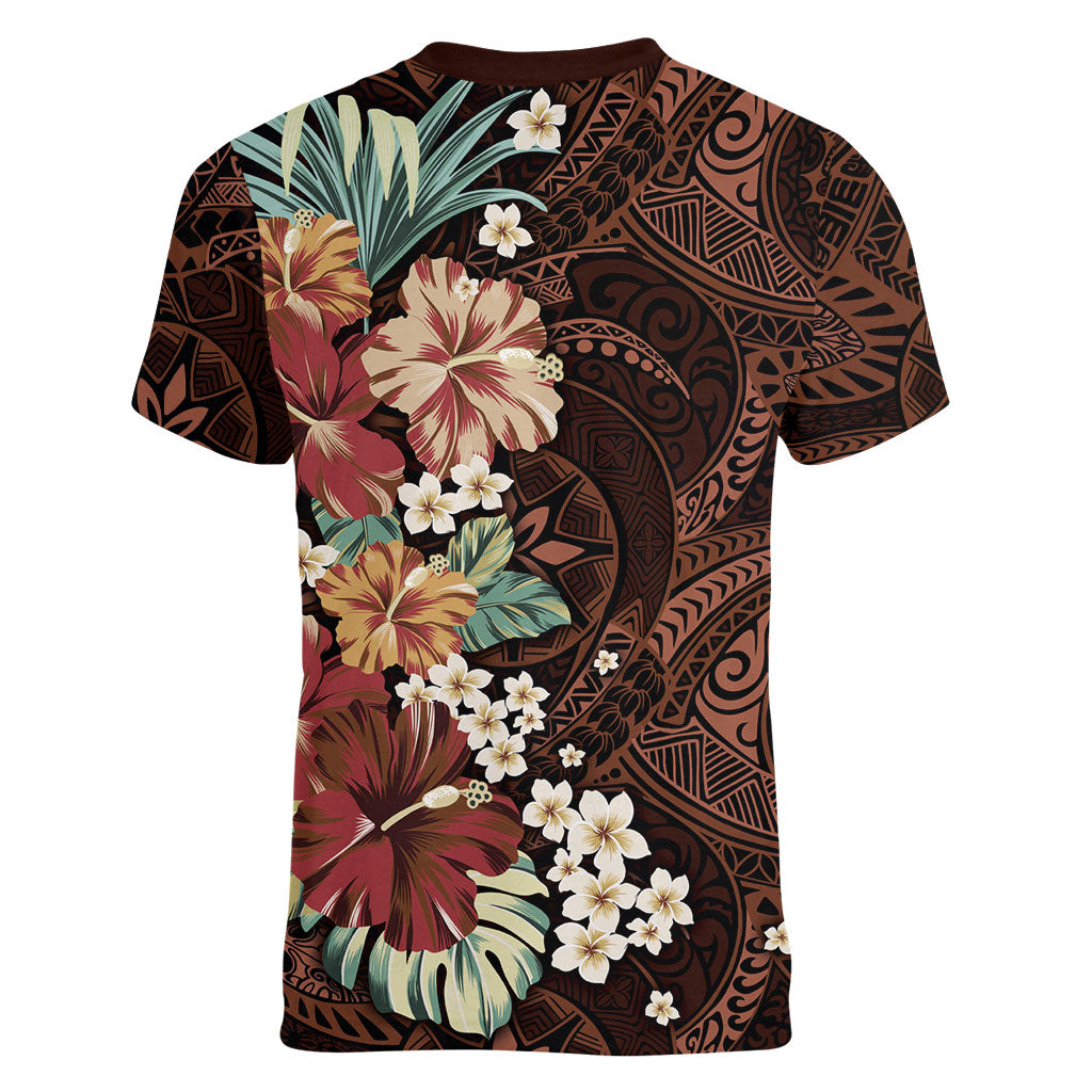 Kanoa Hawai'i Hibiscus Women V-Neck T-Shirt Polynesian Tribal Tattoo Pattern Floral Elements