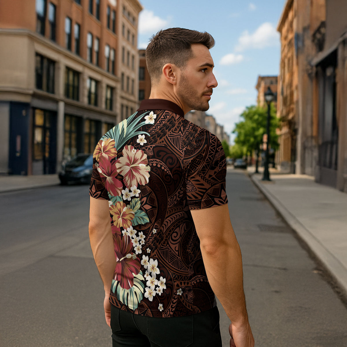 Kanoa Hawai'i Hibiscus Zipper Polo Shirt Polynesian Tribal Tattoo Pattern Floral Elements