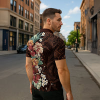 Kanoa Hawai'i Hibiscus Zipper Polo Shirt Polynesian Tribal Tattoo Pattern Floral Elements