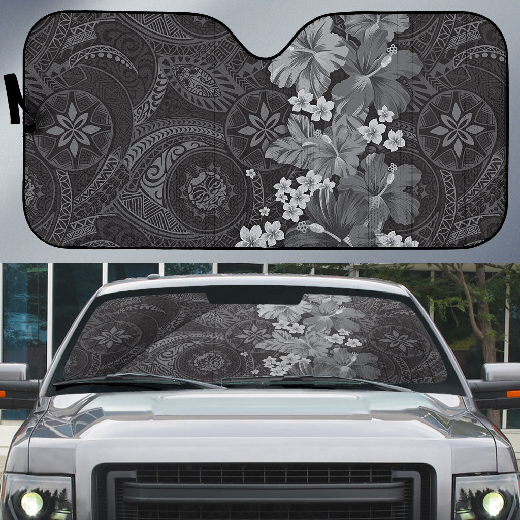 Pauli Hawai'i Hibiscus Auto Sun Shade Polynesian Tribal Tattoo Pattern Floral Elements LT9 Soft Black - Polynesian Pride
