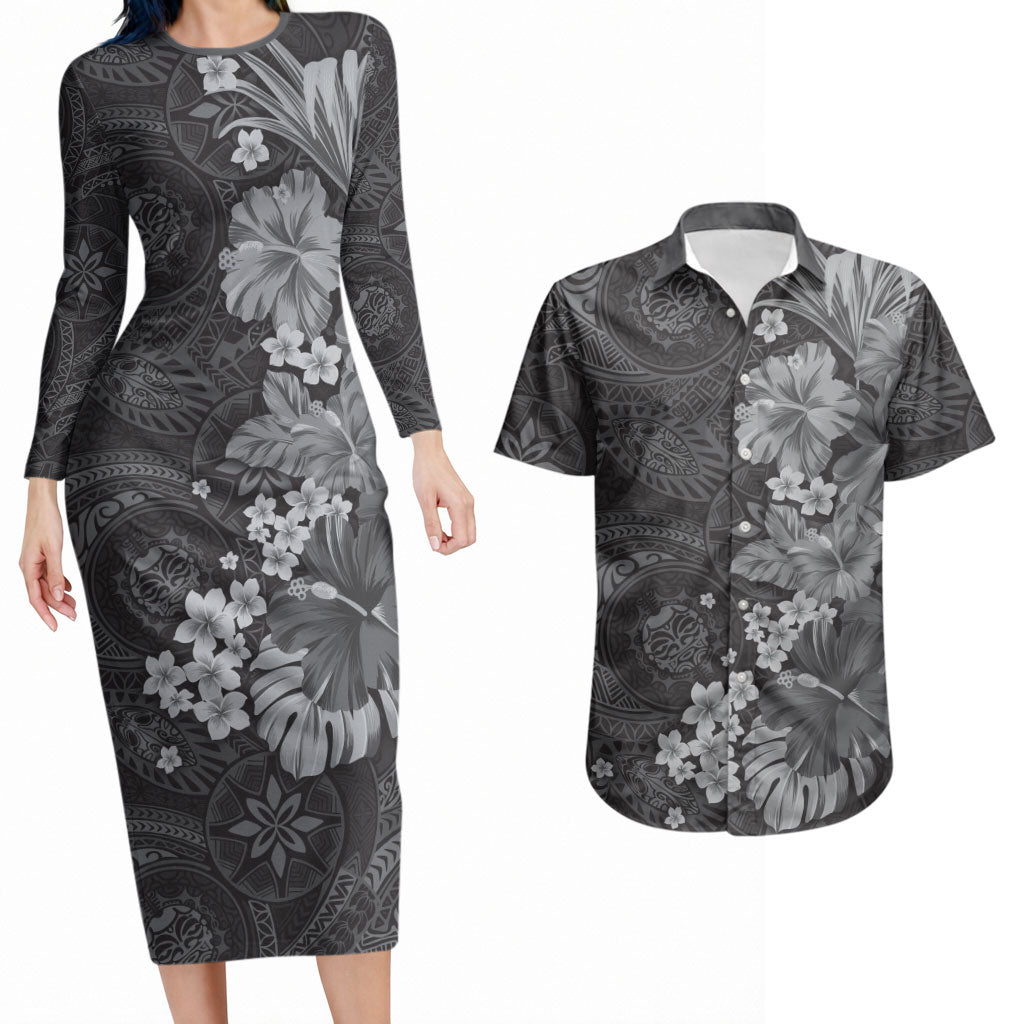 Pauli Hawai'i Hibiscus Couples Matching Long Sleeve Bodycon Dress and Hawaiian Shirt Polynesian Tribal Tattoo Pattern Floral Elements LT9 Soft Black - Polynesian Pride
