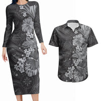 Pauli Hawai'i Hibiscus Couples Matching Long Sleeve Bodycon Dress and Hawaiian Shirt Polynesian Tribal Tattoo Pattern Floral Elements