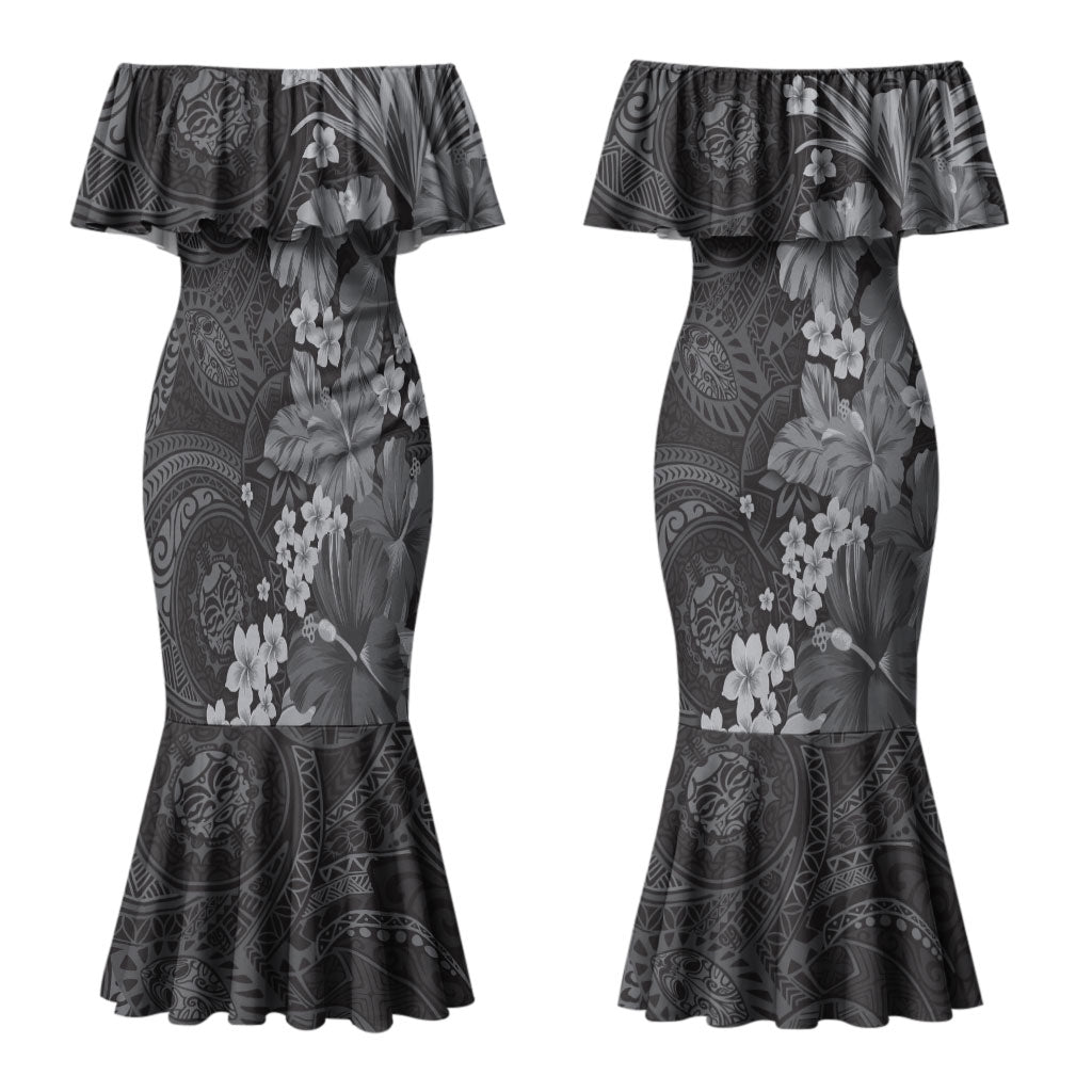 Pauli Hawai'i Hibiscus Couples Matching Mermaid Dress and Long Sleeve Button Shirt Polynesian Tribal Tattoo Pattern Floral Elements