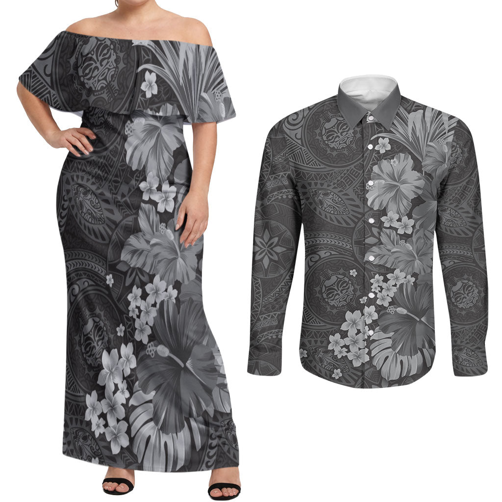 Pauli Hawai'i Hibiscus Couples Matching Off Shoulder Maxi Dress and Long Sleeve Button Shirt Polynesian Tribal Tattoo Pattern Floral Elements