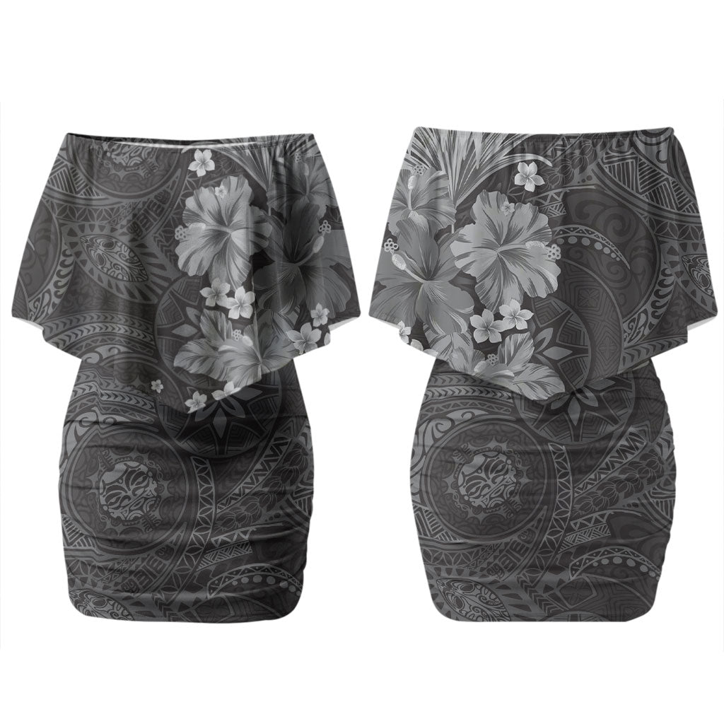 Pauli Hawai'i Hibiscus Couples Matching Off Shoulder Short Dress and Hawaiian Shirt Polynesian Tribal Tattoo Pattern Floral Elements