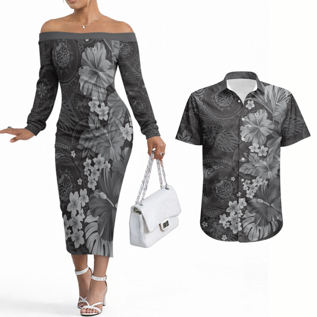 Pauli Hawai'i Hibiscus Couples Matching Off The Shoulder Long Sleeve Dress and Hawaiian Shirt Polynesian Tribal Tattoo Pattern Floral Elements
