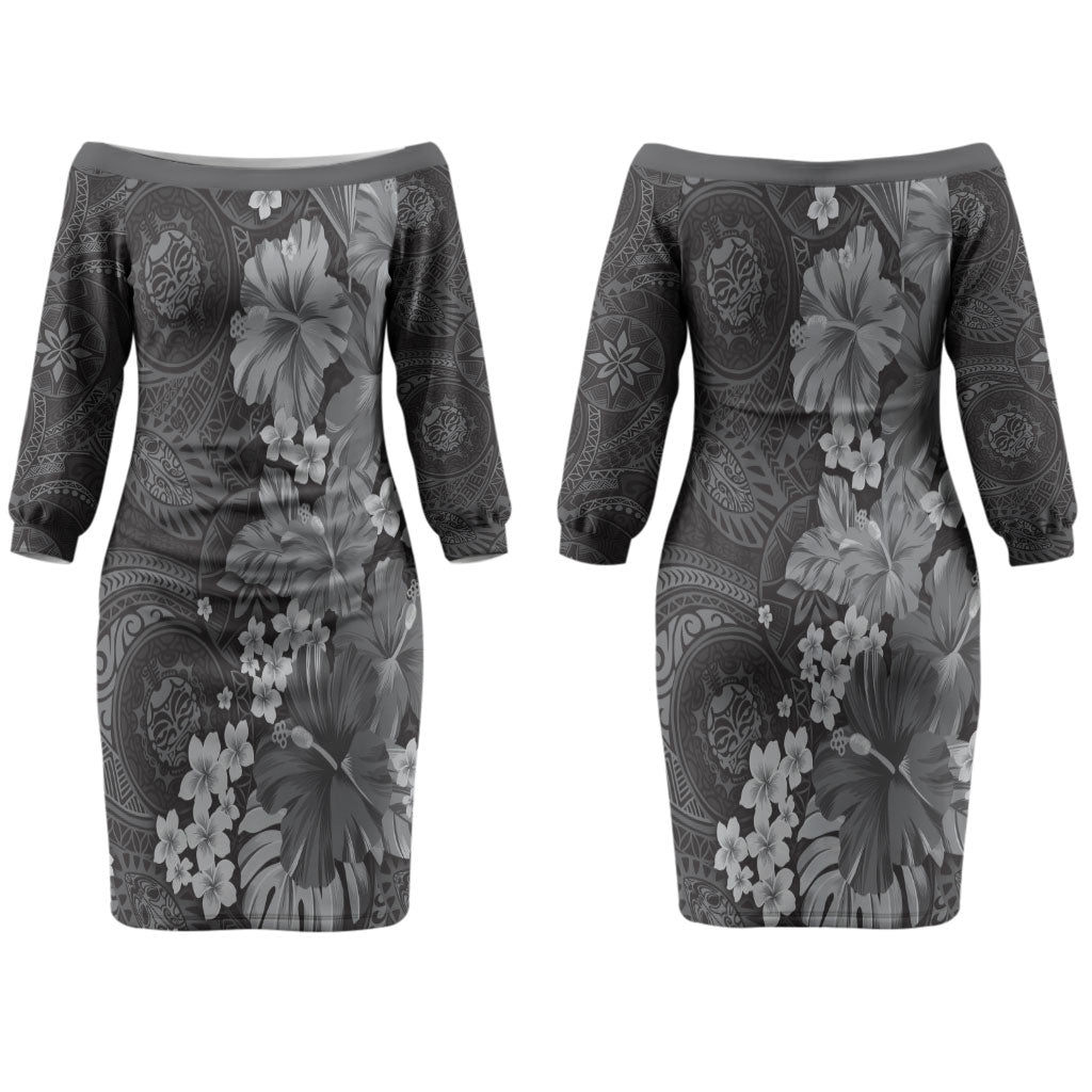 Pauli Hawai'i Hibiscus Couples Matching Off The Shoulder Long Sleeve Dress and Hawaiian Shirt Polynesian Tribal Tattoo Pattern Floral Elements