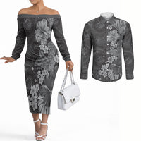 Pauli Hawai'i Hibiscus Couples Matching Off The Shoulder Long Sleeve Dress and Long Sleeve Button Shirt Polynesian Tribal Tattoo Pattern Floral Elements