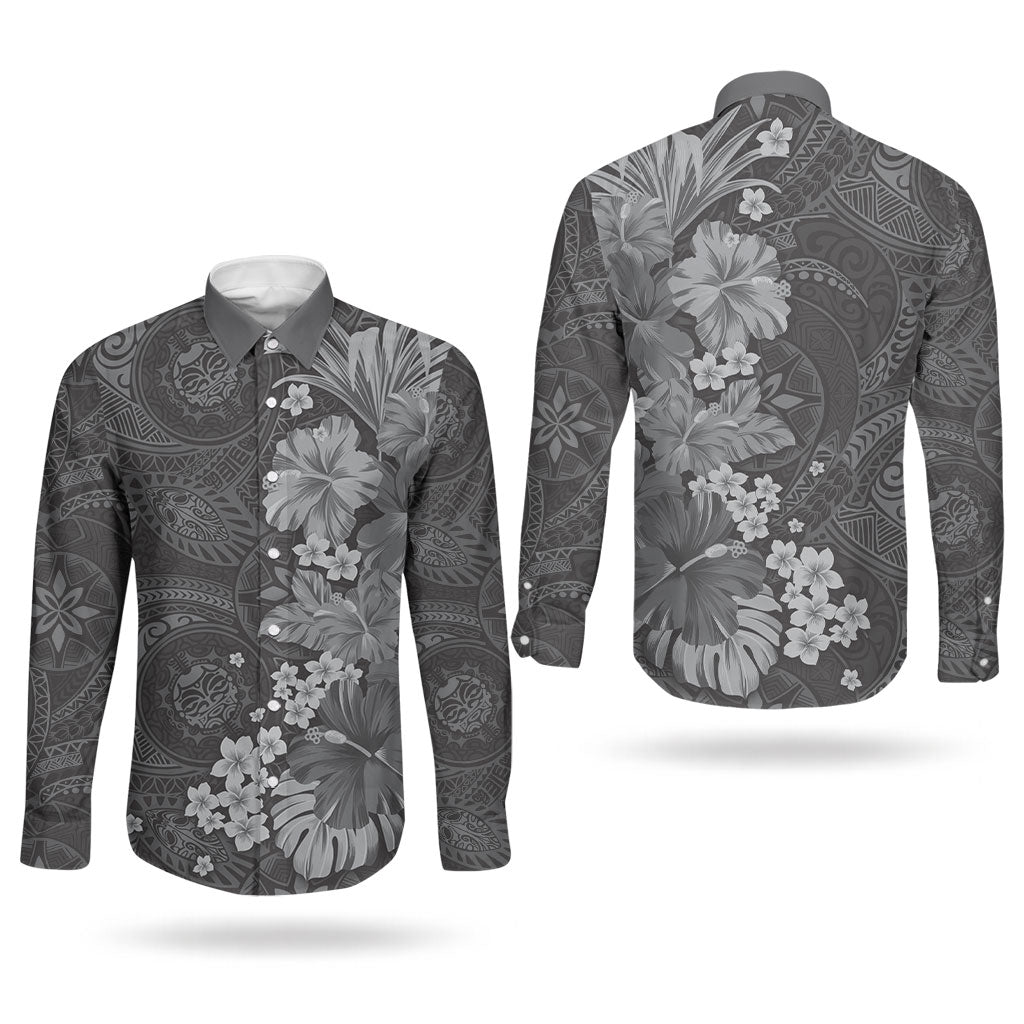 Pauli Hawai'i Hibiscus Couples Matching Puletasi and Long Sleeve Button Shirt Polynesian Tribal Tattoo Pattern Floral Elements