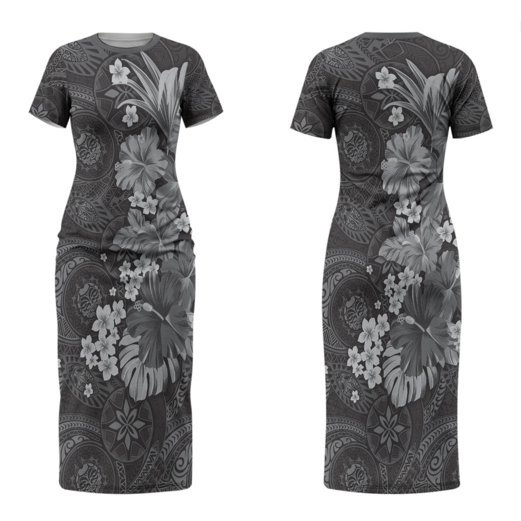 Pauli Hawai'i Hibiscus Couples Matching Short Sleeve Bodycon Dress and Hawaiian Shirt Polynesian Tribal Tattoo Pattern Floral Elements