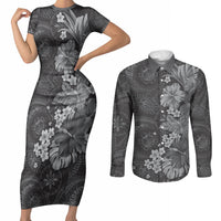 Pauli Hawai'i Hibiscus Couples Matching Short Sleeve Bodycon Dress and Long Sleeve Button Shirt Polynesian Tribal Tattoo Pattern Floral Elements