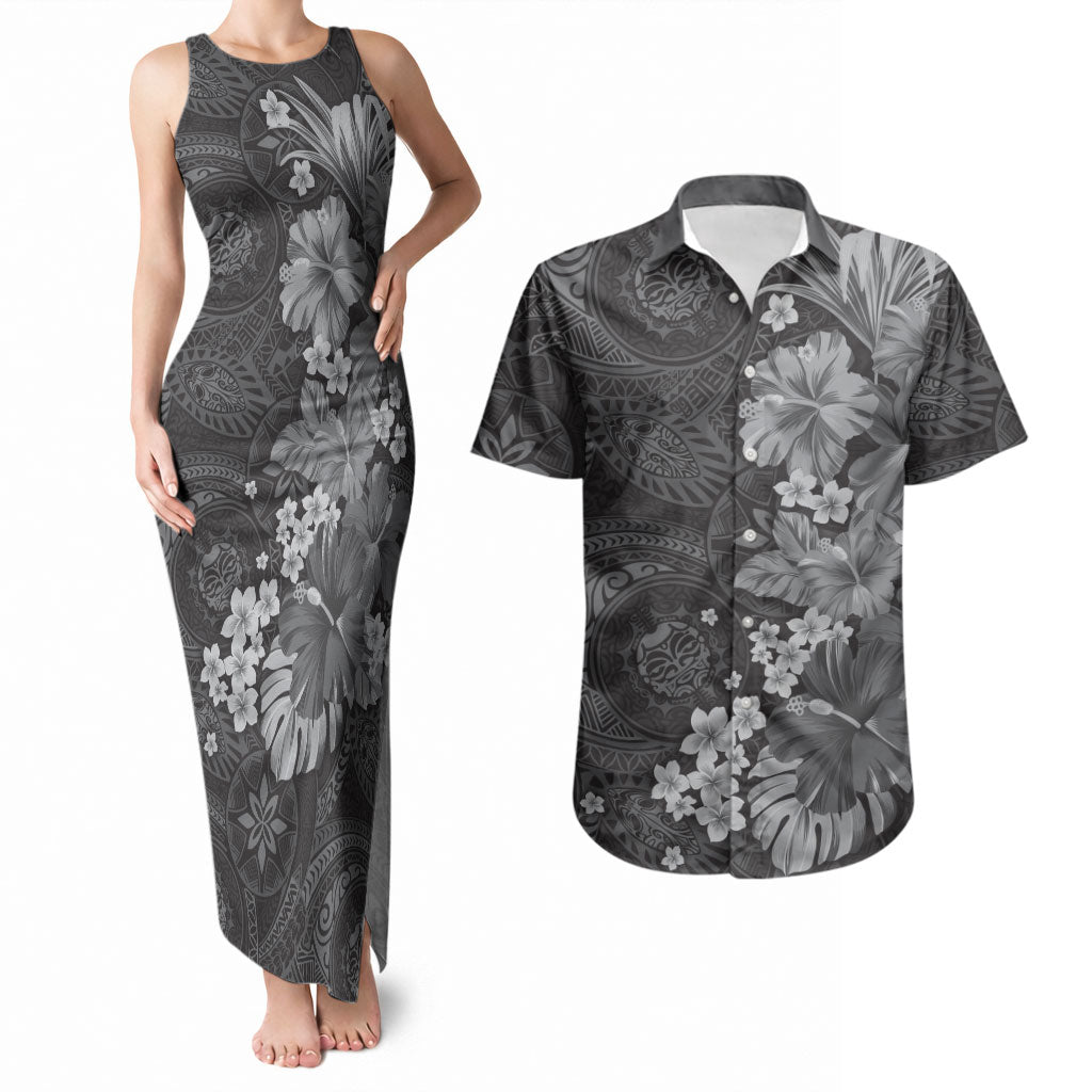 Pauli Hawai'i Hibiscus Couples Matching Tank Maxi Dress and Hawaiian Shirt Polynesian Tribal Tattoo Pattern Floral Elements LT9 Soft Black - Polynesian Pride