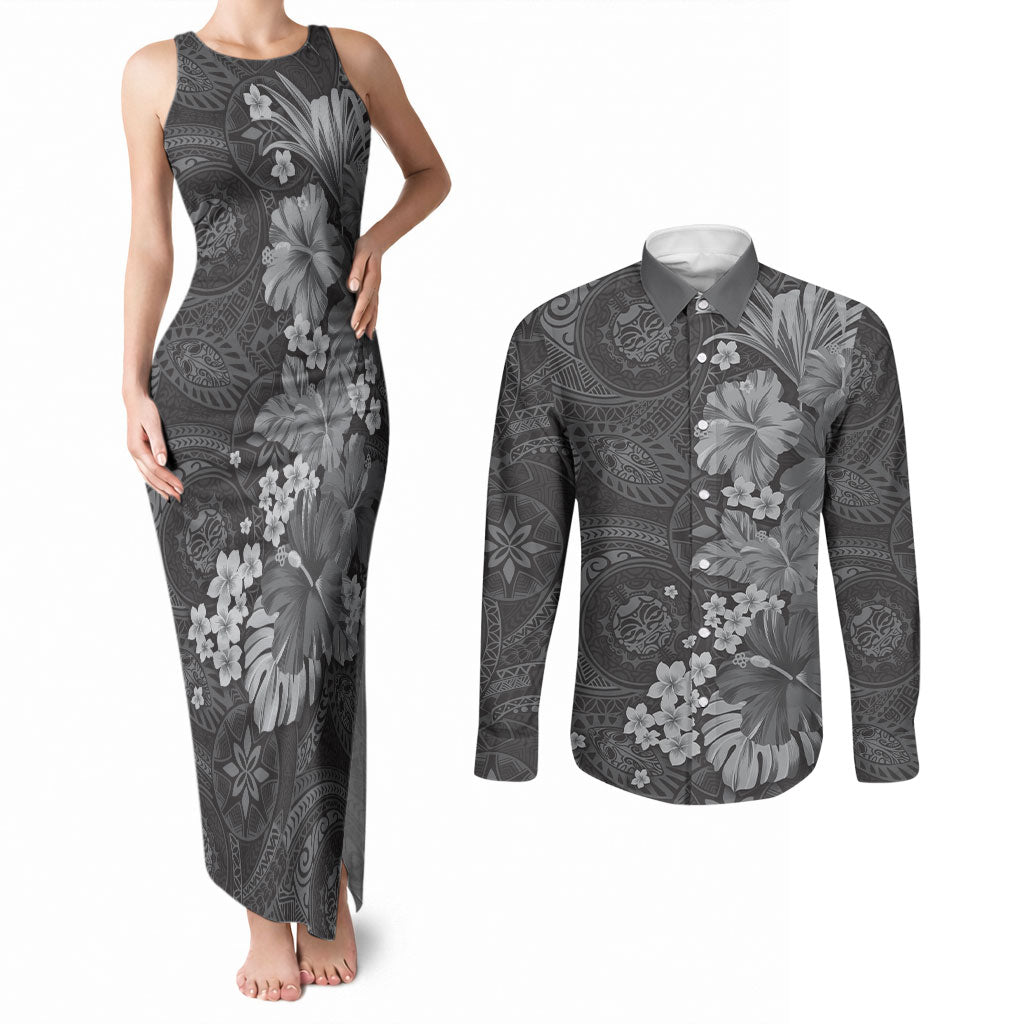 Pauli Hawai'i Hibiscus Couples Matching Tank Maxi Dress and Long Sleeve Button Shirt Polynesian Tribal Tattoo Pattern Floral Elements