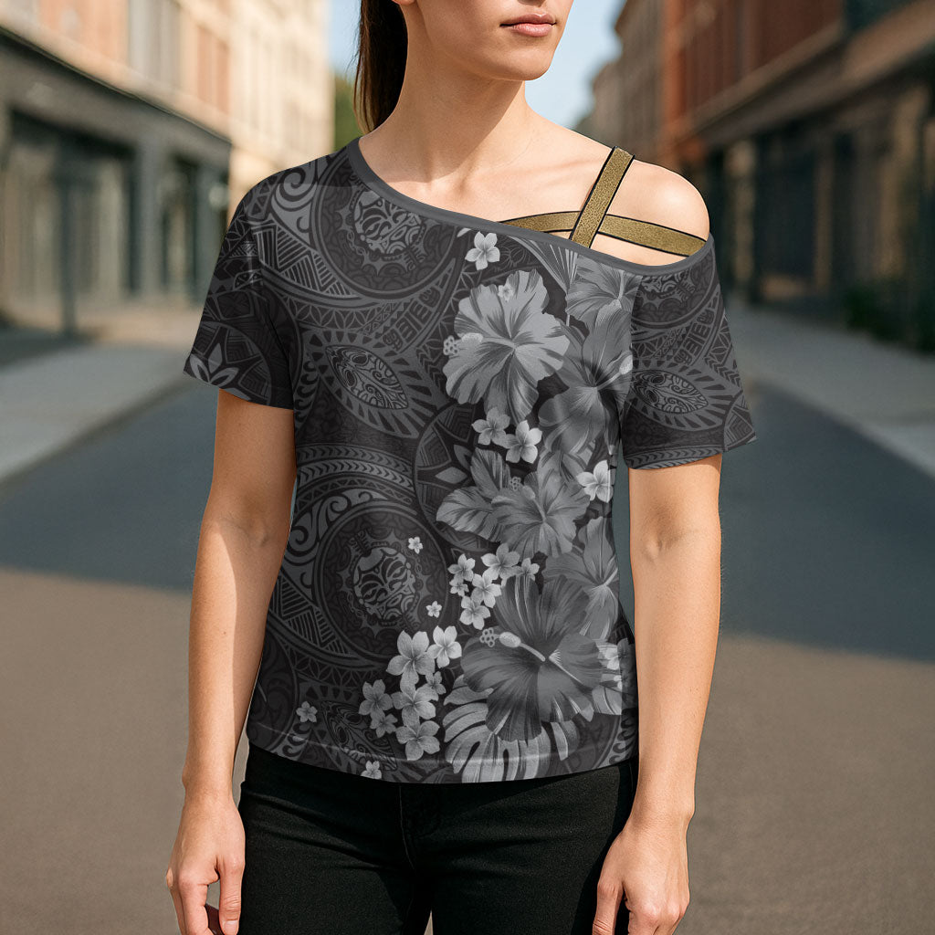 Pauli Hawai'i Hibiscus Cross Shoulder Shirt Polynesian Tribal Tattoo Pattern Floral Elements